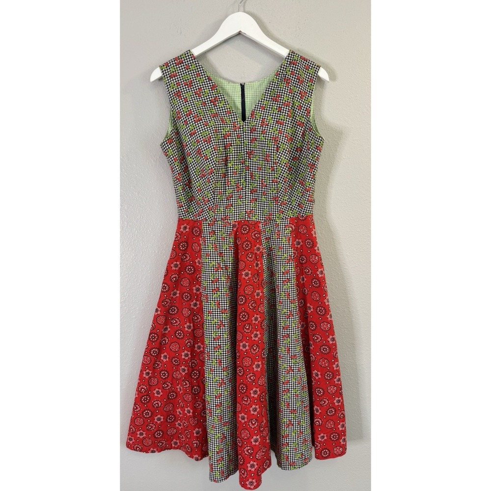Handmade Cherry Gingham Bandana Patchwork Dress Rockabilly Pinup Retro S/M